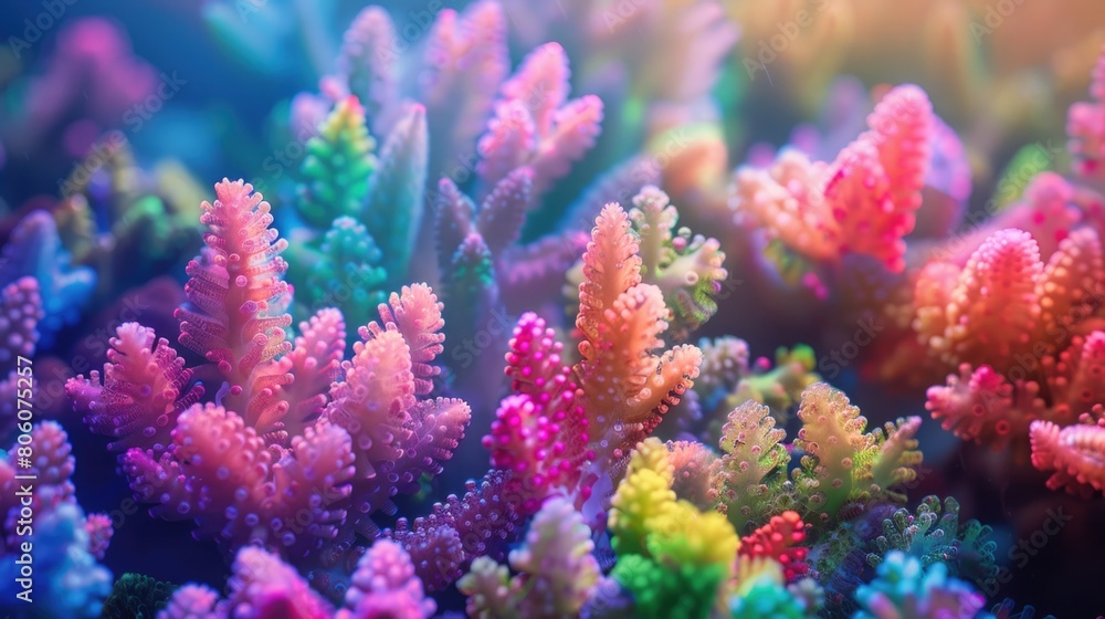 Vibrant Coral Cluster Close-Up in Surreal Underwater Seascape Vibrant Coral Cluster Close-Up in Surreal Underwater Seascape