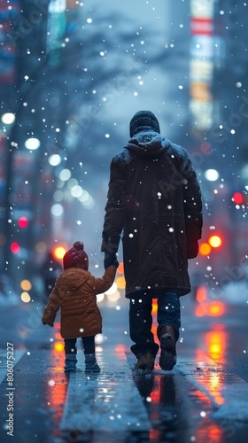 A father and daughter are walking down a snowy street