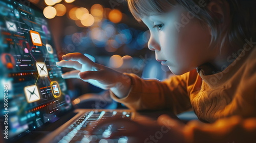 Closeup of child typing on a laptop with futuristic flying message letter icons