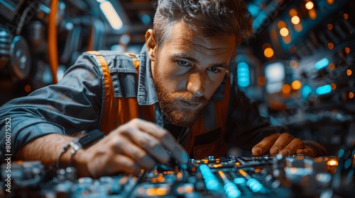 A male technician is working on a complex piece of machinery. He is wearing a blue jumpsuit and a safety harness. The background is a blur of blue and green lights. photo