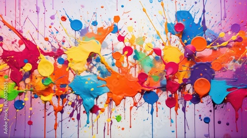 Abstract colorful background with vibrant paint splatters and drips
