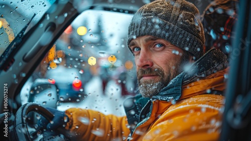 A man is driving a car in the snow. He is wearing a warm hat and jacket. The car is covered in snow. The man is looking at the camera. © Steveandfriend