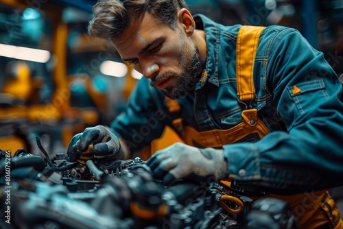 A mechanic is working on a car engine