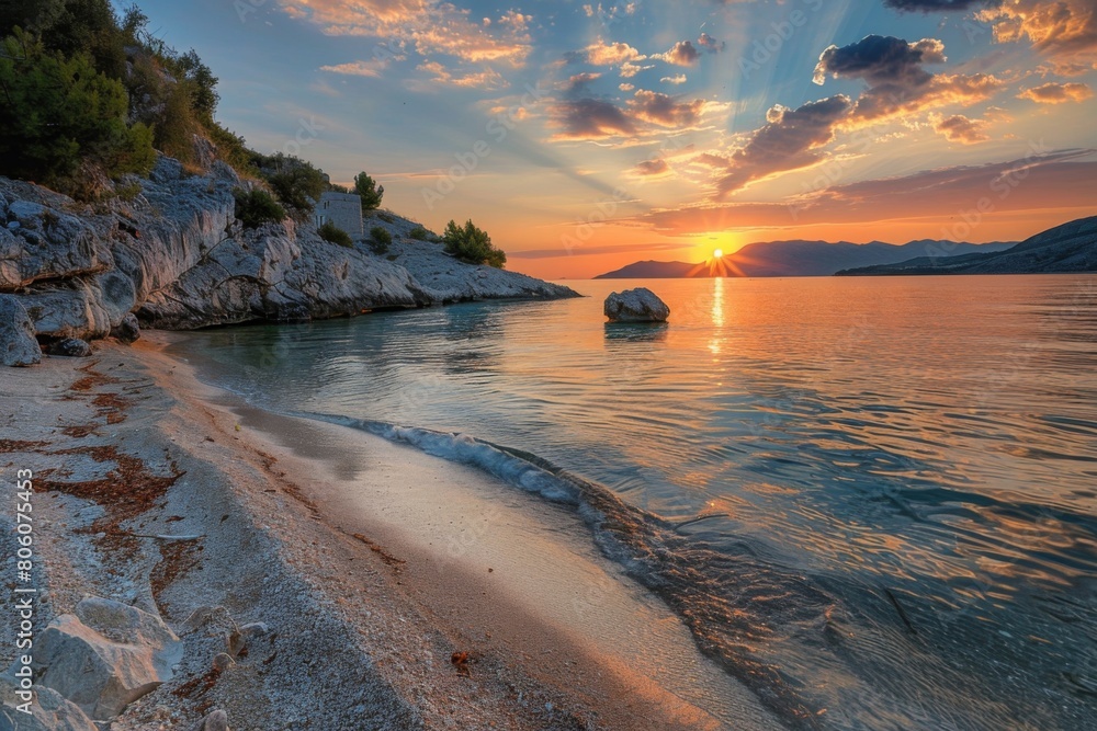 Obraz premium Rocky coastline with sunset and tranquil waves