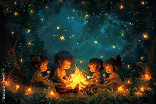 Four children are sitting around a campfire under a starry night sky.