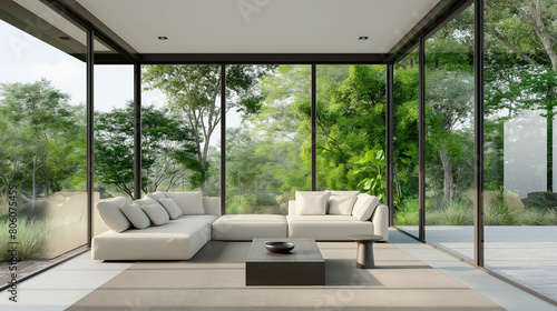 Modern sunroom with minimalist design  sleek furniture and large  unobstructed windows offering views of the surrounding nature  emphasizing open space and simplicity