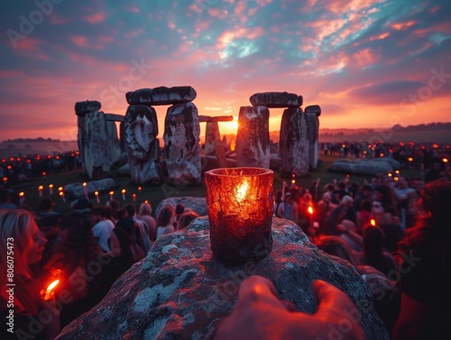 Summer solstice gathering at Stonehenge. People are celebrating the longest day of the year with a bonfire and candles. photo