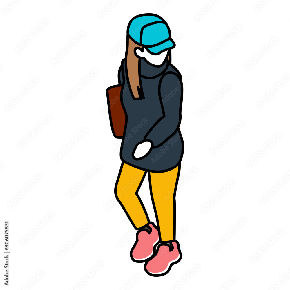 Isometric person, Walking young woman who wore long sleeves Isometric person, Walking young woman who wore long sleeves