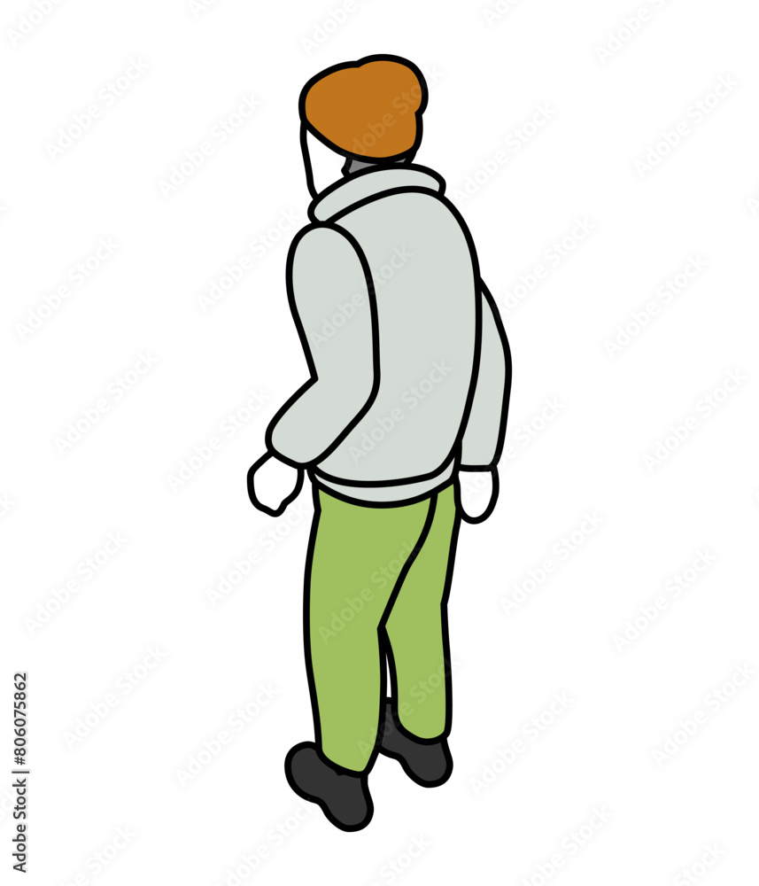 Isometric person, Standing man from behind Who wore long sleeves and beanie Isometric person, Standing man from behind Who wore long sleeves and beanie