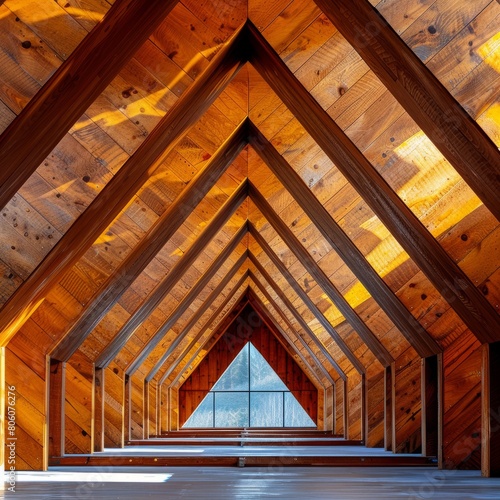 A wooden structure with a triangular pattern and a small window at the end of the structure.