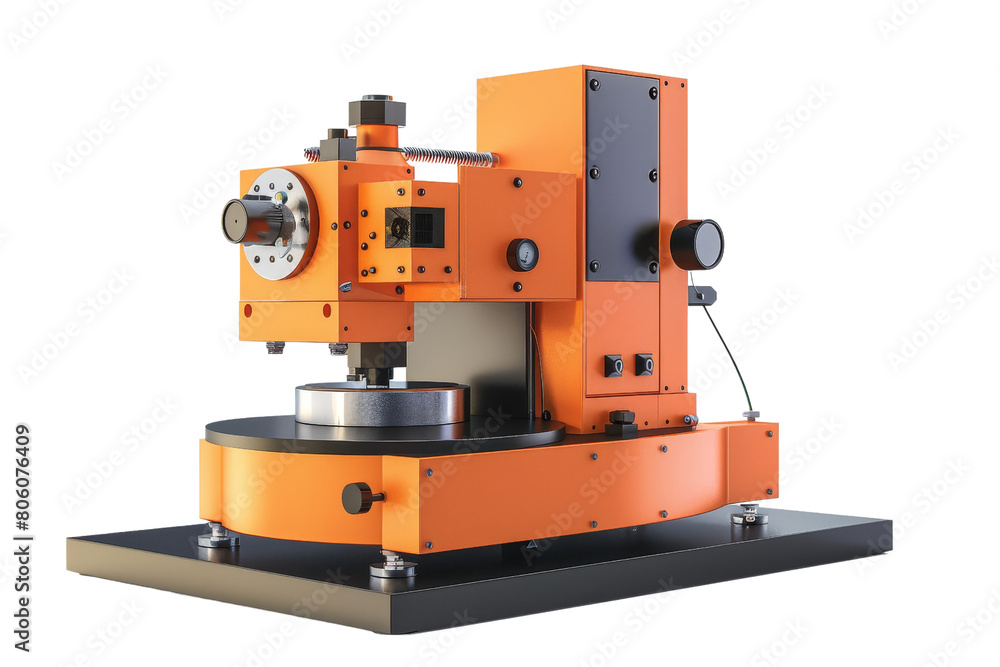 A machine with a black and orange body. It is a machine that is used for cutting A machine with a black and orange body. It is a machine that is used for cutting