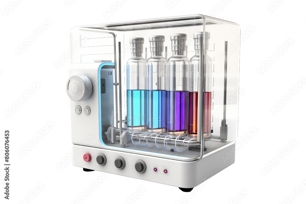 A white box with a blue and purple liquid inside. The box is made of clear plastic A white box with a blue and purple liquid inside. The box is made of clear plastic