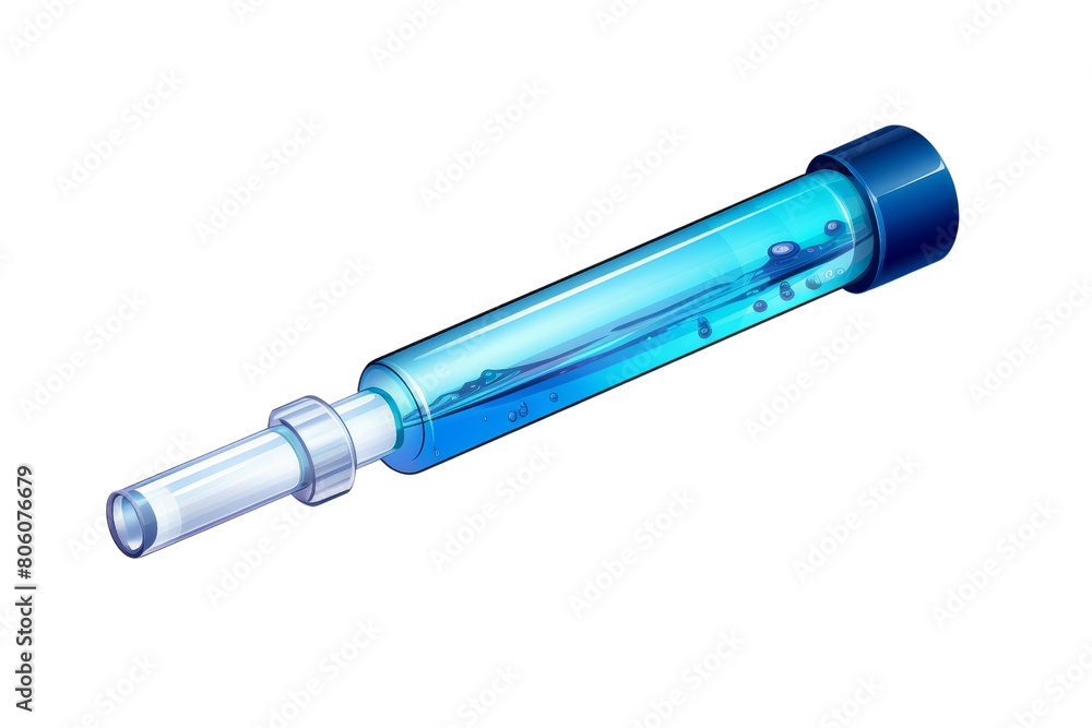 A blue and white tube with a white cap. The tube is long and thin. It is a medical device A blue and white tube with a white cap. The tube is long and thin. It is a medical device