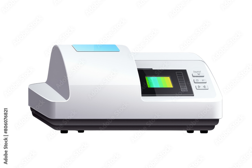 A white electronic device with a green screen. The device is rectangular in shape and has a black border A white electronic device with a green screen. The device is rectangular in shape and has a black border