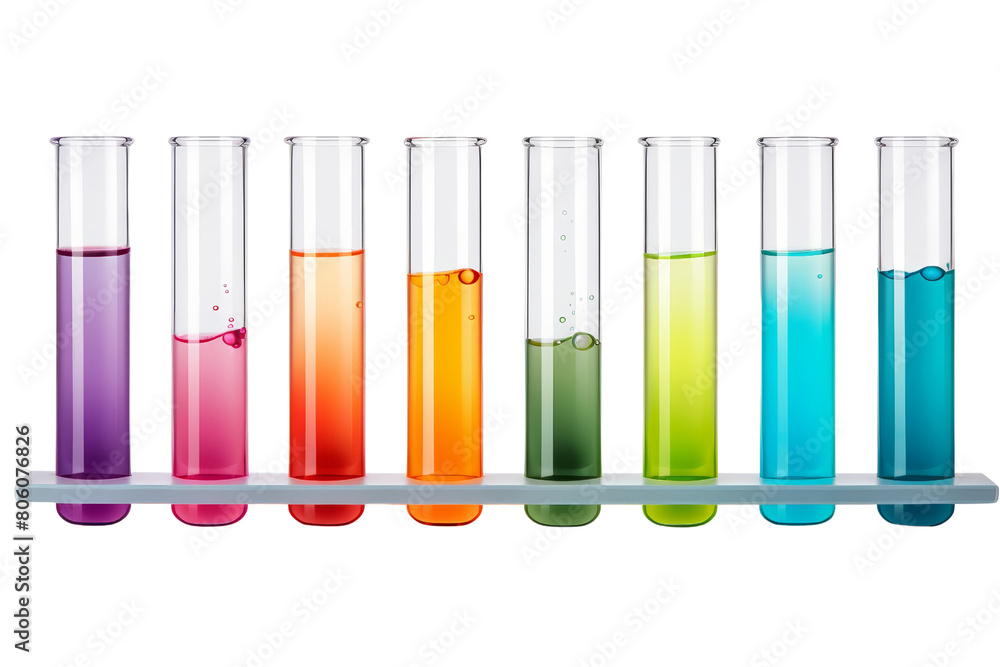 A row of glass beakers with different colored liquids in them. The colors are purple, green, yellow, and blue A row of glass beakers with different colored liquids in them. The colors are purple, green, yellow, and blue
