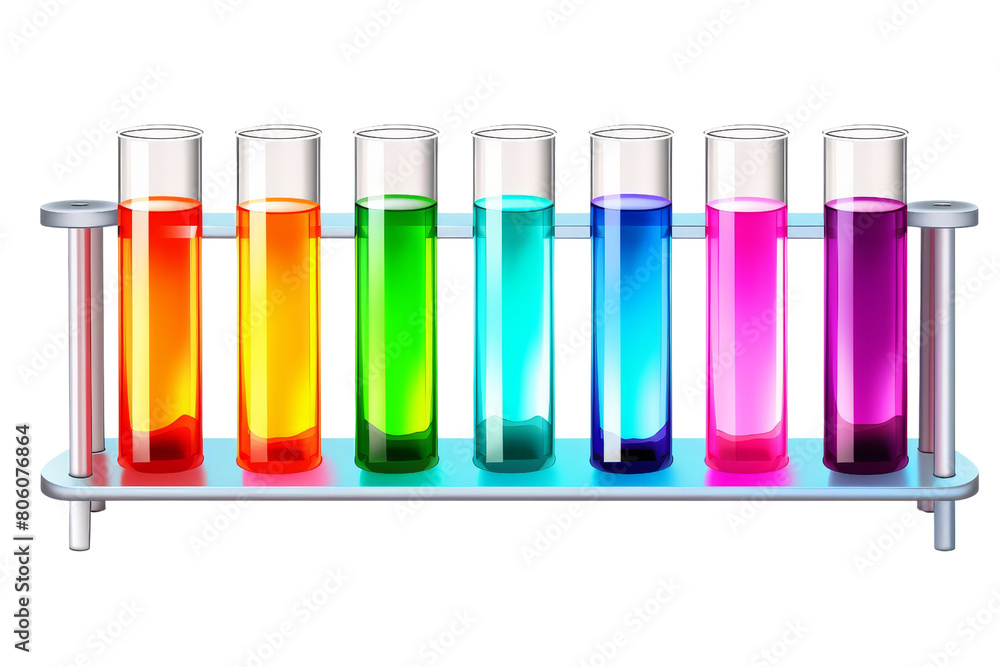 A row of colorful glass beakers filled with different colored liquids. The colors are vibrant and the beakers are arranged in a neat row. Concept of scientific experimentation and discovery A row of colorful glass beakers filled with different colored liquids. The colors are vibrant and the beakers are arranged in a neat row. Concept of scientific experimentation and discovery