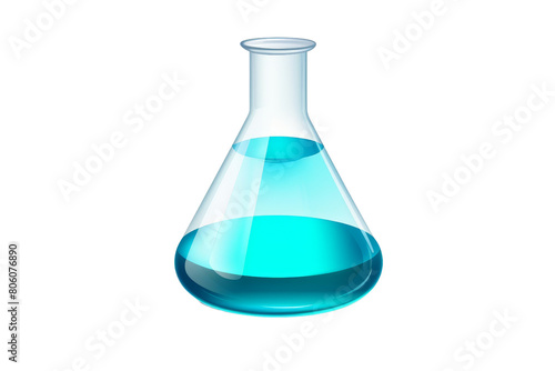 A blue glass beaker filled with liquid. The liquid is clear and has a blue tint. The beaker is sitting on a white background