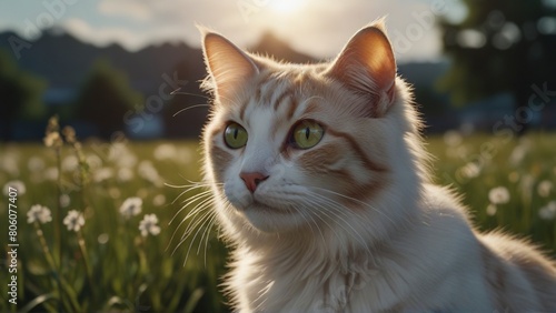 White Cat in Grassy Field  Cinematic 3D Render with Enhanced Beauty.