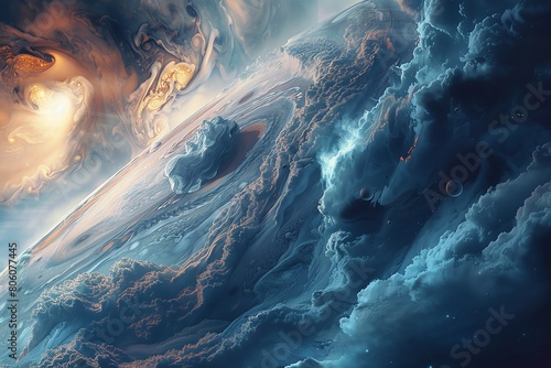 Highdetail realistic Jupiter, bands of clouds, turbulent motion, wide angle