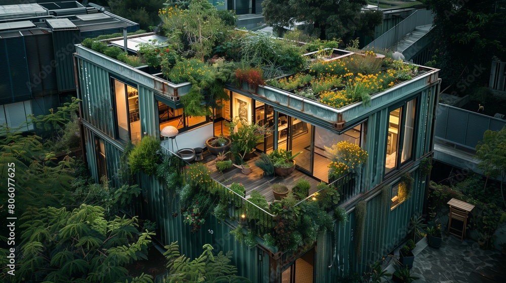 Naklejka premium Container Homes: Urban Green Living with Rooftop Gardens