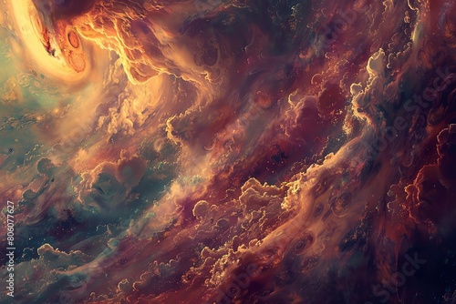 Realistic depiction of Jupiters atmosphere, detailed storms, rich color depth