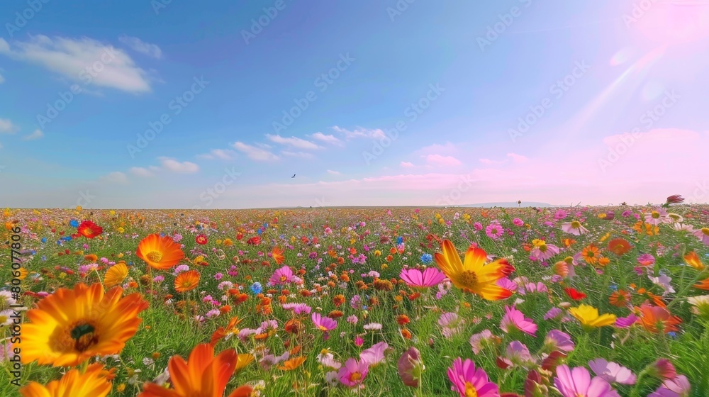 Vibrant Wildflower Meadow Under Sunny Sky