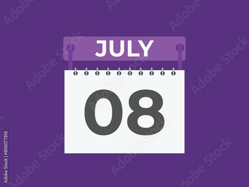 July 8 calendar reminder. 8 July daily calendar icon template. Calendar 8 July icon Design template. Vector illustration
