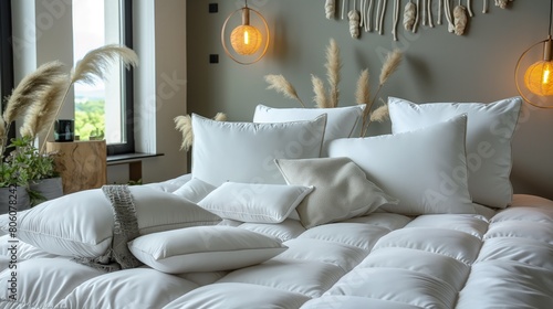An array of hypoallergenic bedding items, including pillows and mattress covers, presented in a well-lit bedroom setting.