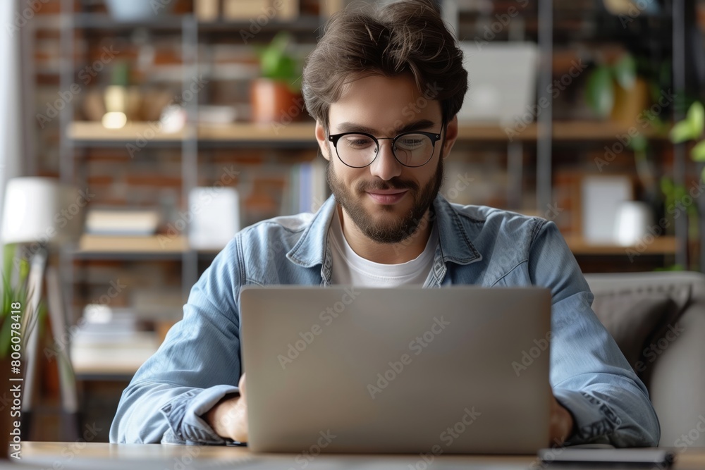Working on a laptop. Smiling young male worker in glasses sits at the table, prepares a report, surfs the corporate network. Millennial student studying online on computer Working on a laptop. Smiling young male worker in glasses sits at the table, prepares a report, surfs the corporate network. Millennial student studying online on computer
