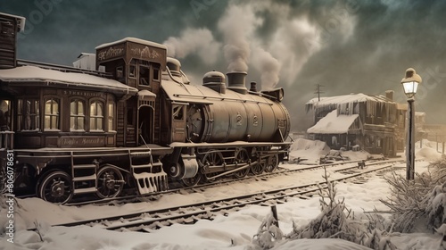 Steam train in the arctic winter conditions traveling through the villages and countyside  photo