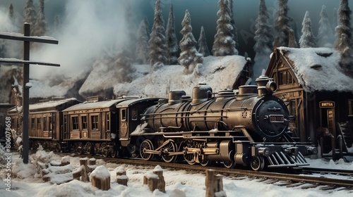 Steam train in the arctic winter conditions traveling through the villages and countyside 