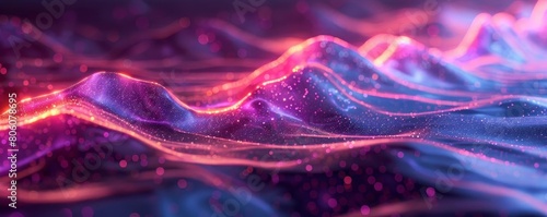 Abstract neon landscape in 3D, with lines that glow intensely and move upwards, each strand shining against the dark, creating depth and perspective
