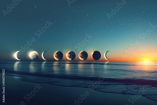 Solar eclipse progression, realistic, phases visible, dusk setting photo