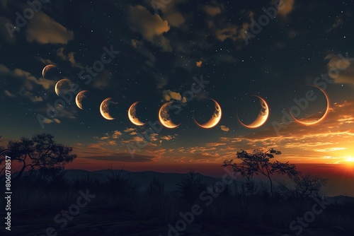 Solar eclipse progression  realistic  phases visible  dusk setting