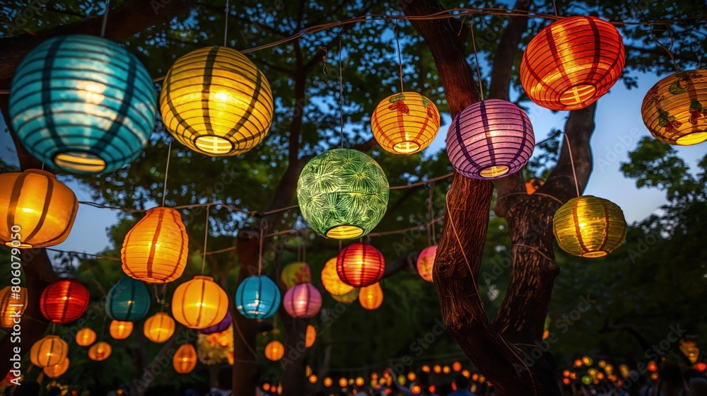 An array of vibrant paper lanterns hanging from trees at a cultural festival, casting a warm glow as dusk falls. An array of vibrant paper lanterns hanging from trees at a cultural festival, casting a warm glow as dusk falls.