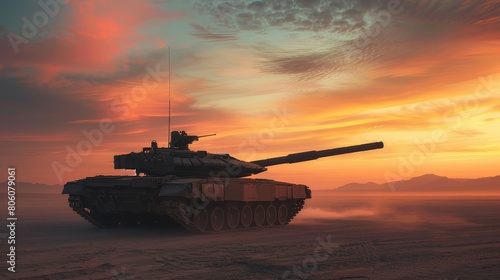 Military Tank in Desert at Sunset with Dramatic Sky