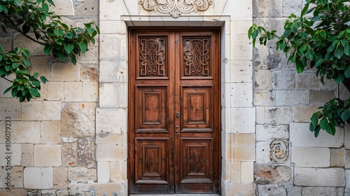 Traditional wooden door with a carved transom window above photo