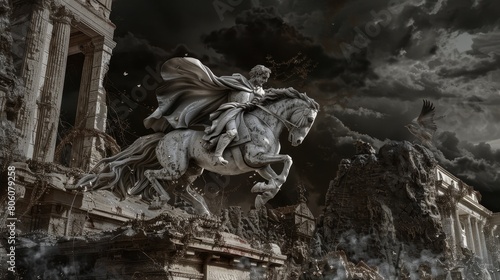 Monochrome scene of a dramatic statue of a man on horseback in a stormy setting
