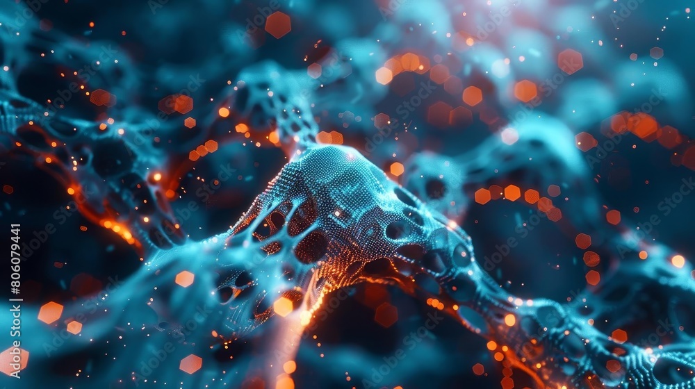 Closeup view of a 3D rendered biotech cell, highlighted by a network of connecting lines, showcasing the intricate relationships in cellular biology Closeup view of a 3D rendered biotech cell, highlighted by a network of connecting lines, showcasing the intricate relationships in cellular biology