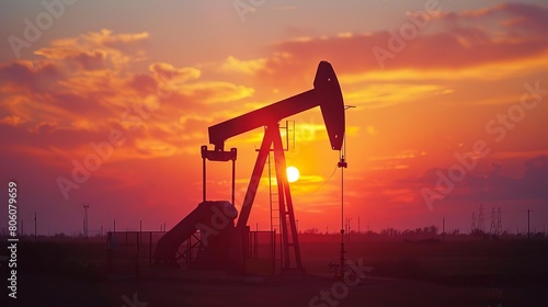 Closeup view of an oil pump silhouette during a colorful sunset, focusing on the machinerys outline against the fading light, evoking themes of energy and transition photo