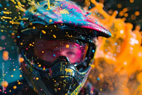 Close up of person in colorful paintball splattered helmet