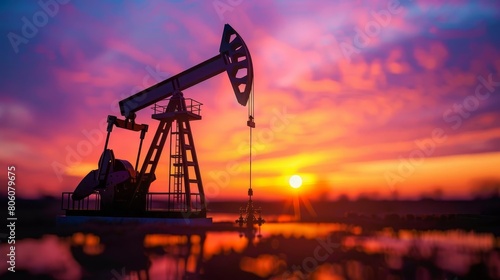 Closeup view of an oil pump silhouette during a colorful sunset, focusing on the machinerys outline against the fading light, evoking themes of energy and transition photo