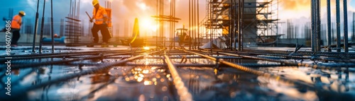 Closeup view of construction details such as steel rebar, concrete pouring, and skilled workers in action, set against the backdrop of an active construction site
