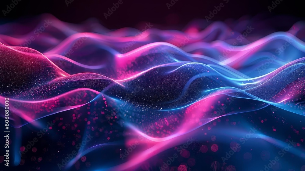Continuous neon blue and pink waves undulating across a dark scene, creating a sense of rapid motion and futuristic technology in an abstract setting Continuous neon blue and pink waves undulating across a dark scene, creating a sense of rapid motion and futuristic technology in an abstract setting