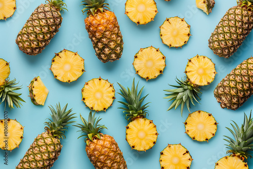 Top view of Colorful pattern of sliced pineapples on blue pastel background.