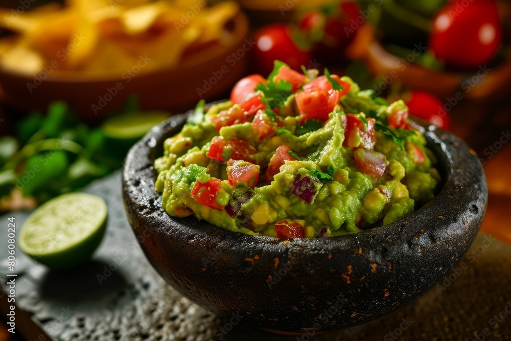Guacamole with vegetables in a plate on a table in a cafe
Guacamole with vegetables in a plate on a table in a cafe