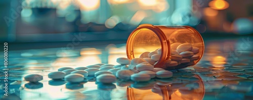 Detailed stock photo capturing a bottle of opioid pills tipped over on a mirror table, with pills spread out, under ambient lighting for dramatic effect