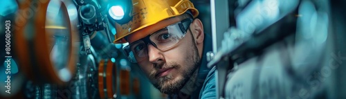 Detailed stock photo of a maintenance worker repairing an electric boiler, wearing safety gear and using a flashlight to inspect the machinery photo