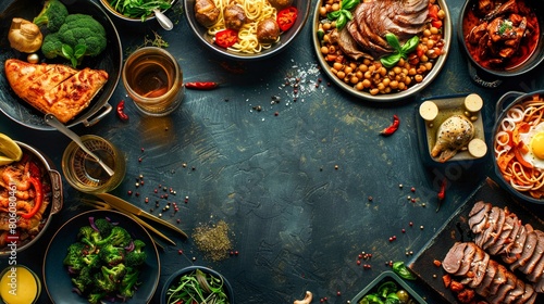 An assortment of international dishes displayed on a dark surface, offering a variety of colors and textures photo