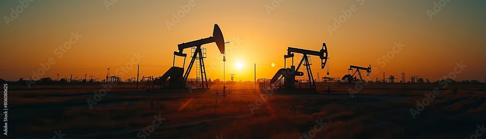 Detailed stock photo of an oil pumps silhouette outlined by the setting sun, emphasizing the contrast between nature and industrial machinery Detailed stock photo of an oil pumps silhouette outlined by the setting sun, emphasizing the contrast between nature and industrial machinery